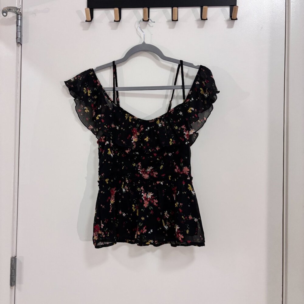 Abercrombie & Fitch Black Floral Smocked Top S Sheer Ruffle Sleeve